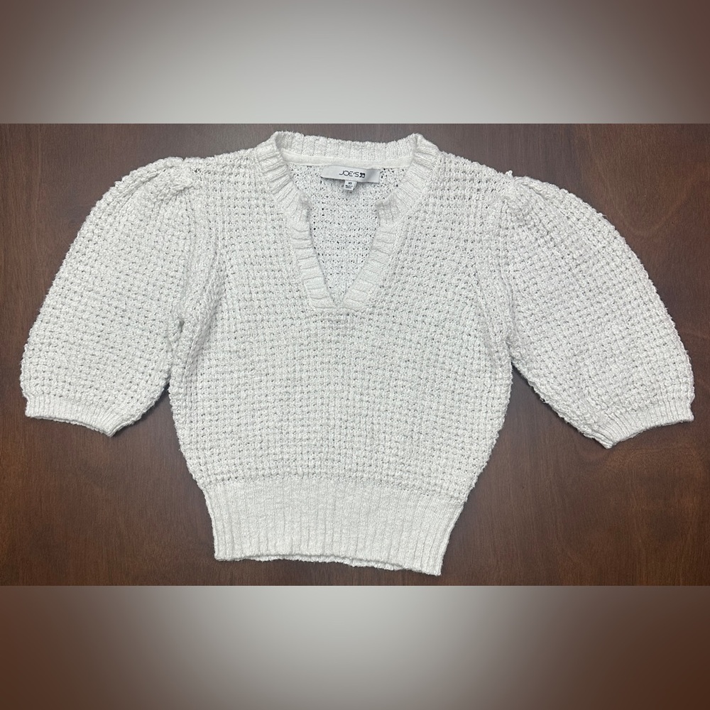 Joe's Jeans Cream Textured V-Neck Puff Sleeve Sweater